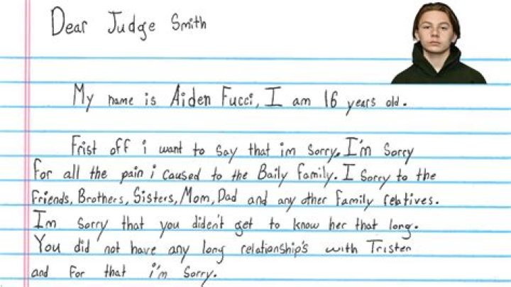 Aiden Fucci pens letter of remorse for killing Tristyn Bailey but