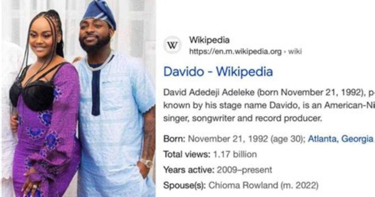 “Assurance Is Assured”: Fans Celebrate as Davido’s Wikipedia Page Gets Updated to Show His Marriage to Chioma