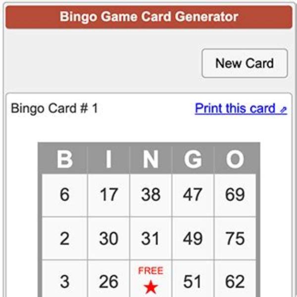 Bingo Card Generator Calculator Quiz