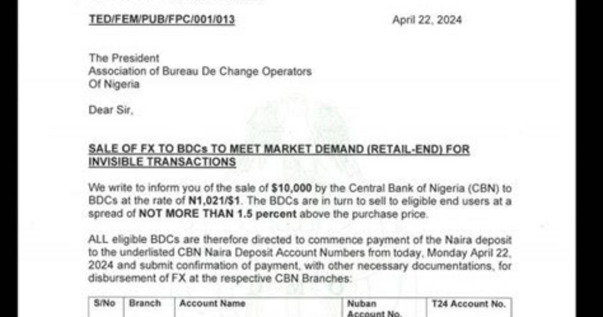 Cbn Resumes Sales of Dollars to Bdcs, Sets Dollar Exchange Rate Pricing Limit