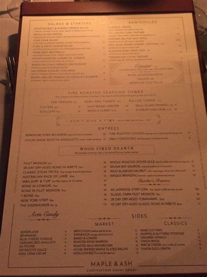 Menu at Maple & Ash steakhouse, Scottsdale, E Camelback Rd 130
