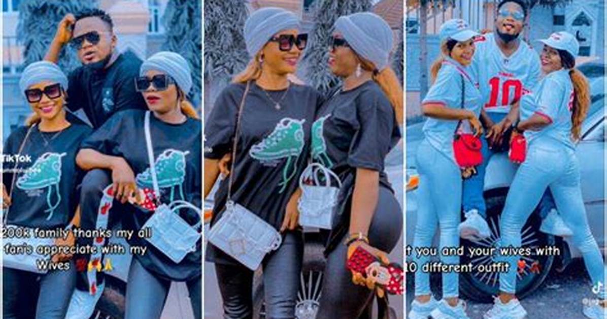 “Who Dey Sidon for Front? ” Young Nigerian Man with 2 Wives Shares Video of Them in Matching Outfits